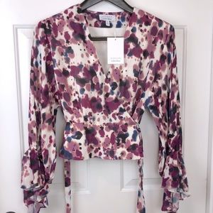 & Other Stories Wrap Top Cloud Wash Watercolor Print Pink 6 Small Long Sleeve